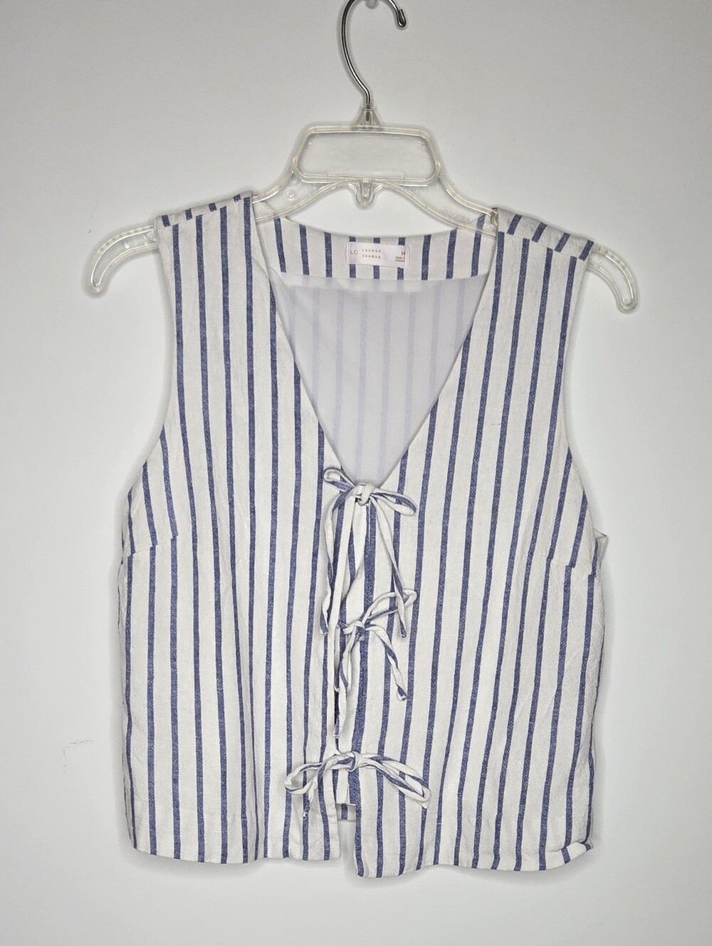 Linen Blend Striped Tie-Front V-Neck Lined Camisole - White & Navy - By LC - M